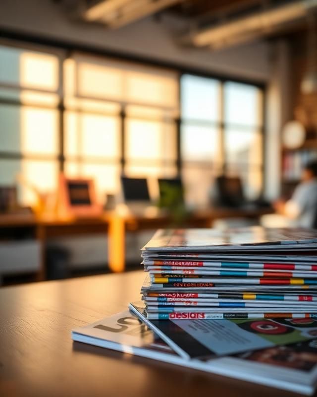 Stack of magazines on a studio desk