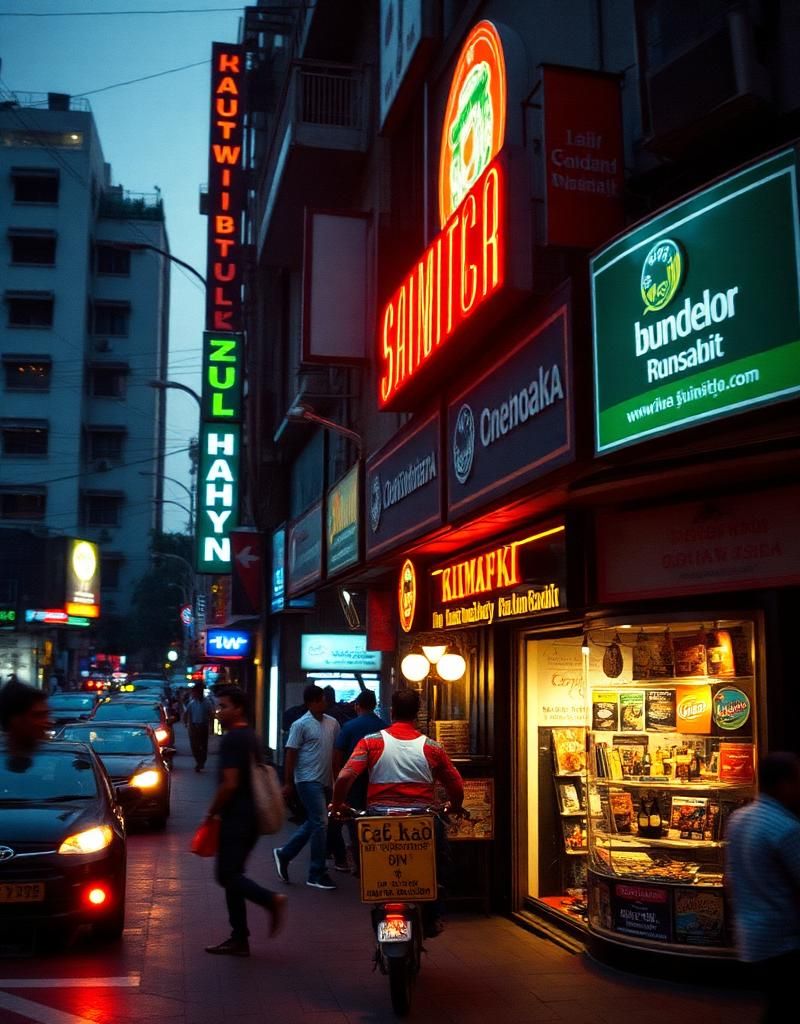 The neon-lit streets of Mumbai at dusk